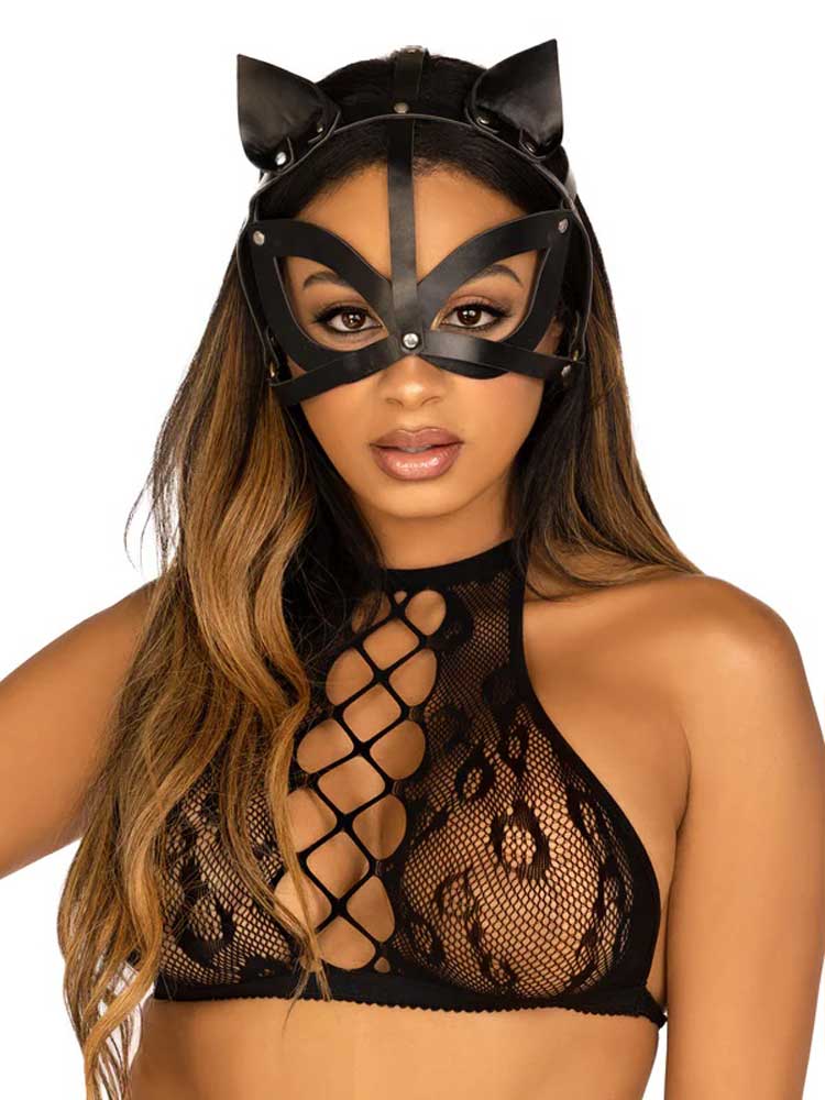 "Vegan Leather Studded Cat Mask - Black LA-3710"