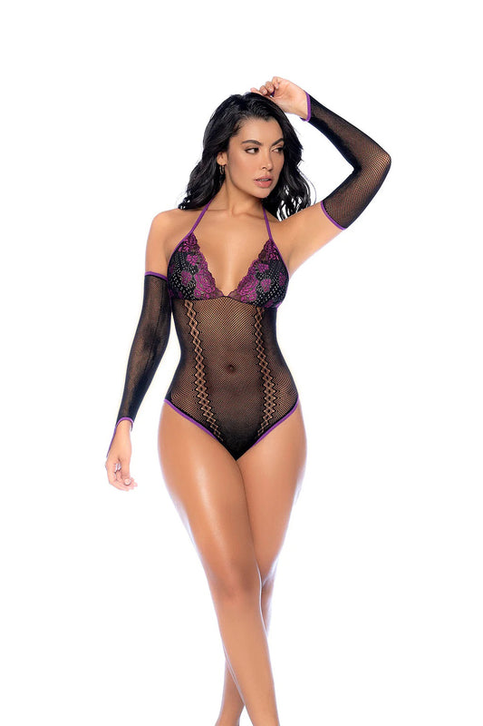 "Whispered Lace Fishnet Bodysuit - Os - Black/purple GE-1121BPOS"