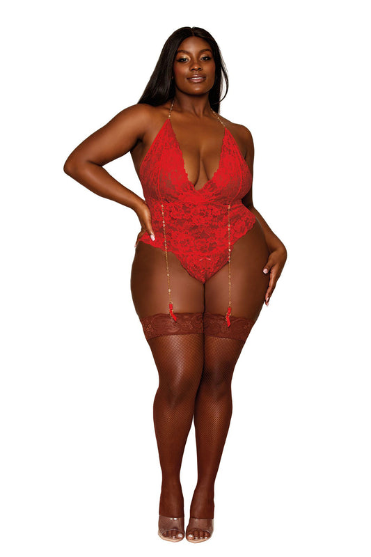 "Garter Teddy - Queen Size - Ruby DG-13089XREDQ"