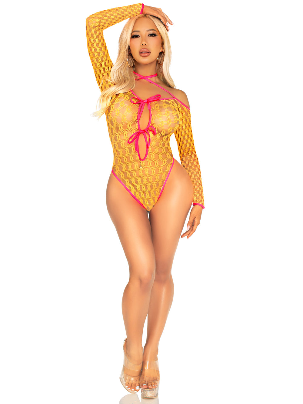 "Eyelet Net Teddy With Tie-Front Keyhole Detail O/s - Neon Orange LA-89350ORGOS"
