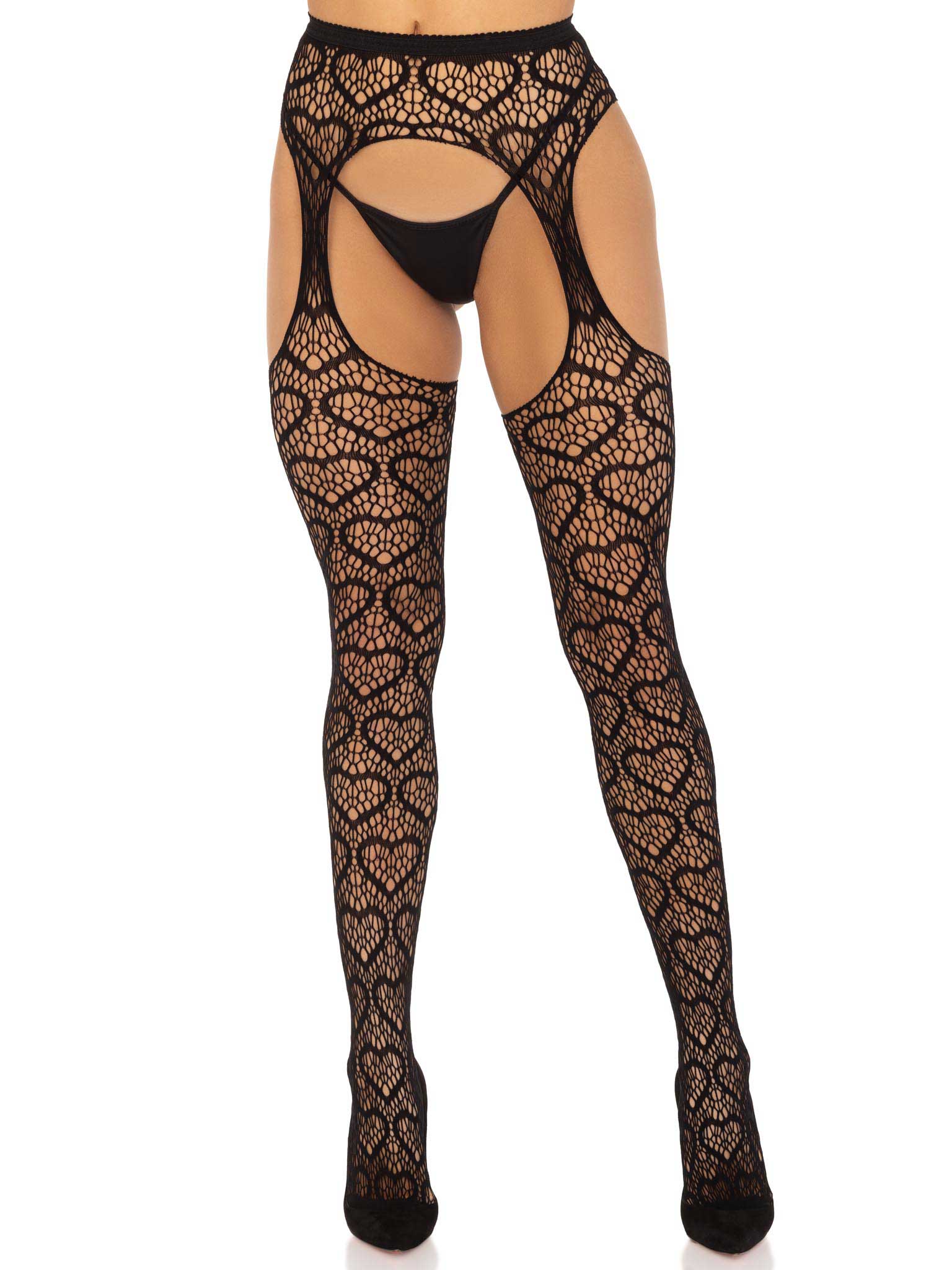 "Heart Net Suspender Pantyhose - One Size - Black LA-1958BLKOS"